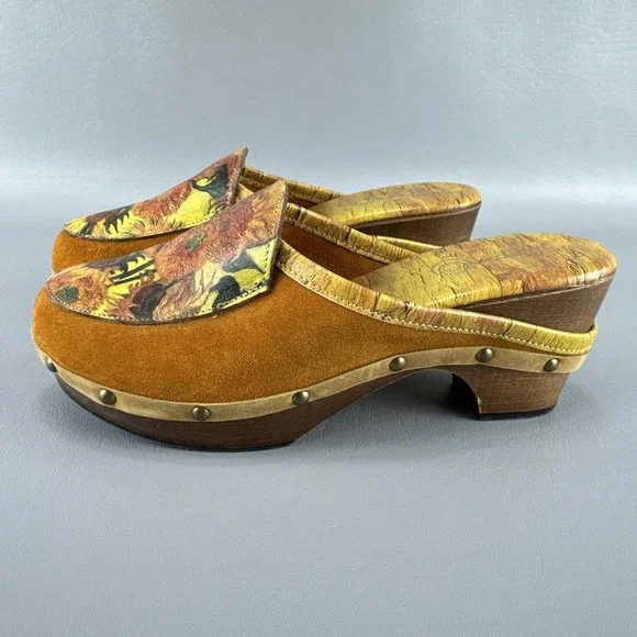 Icon Wearable Art Womens 6 Clogs Mules Clog Wedge Floral Boho Sun Flower Studded - Picture 2 of 12